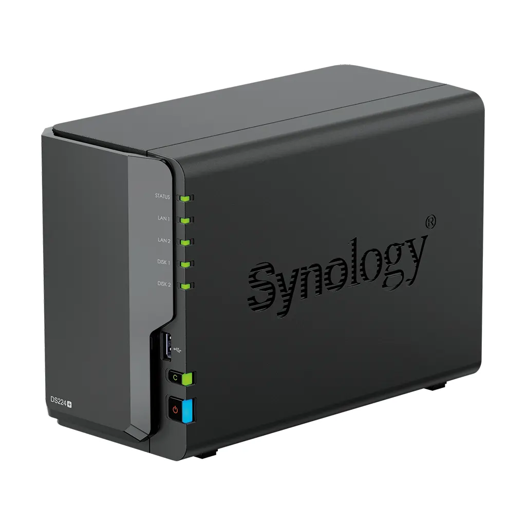 Vorderseite der schwarzen Synology DiskStation DS224+ für NAS